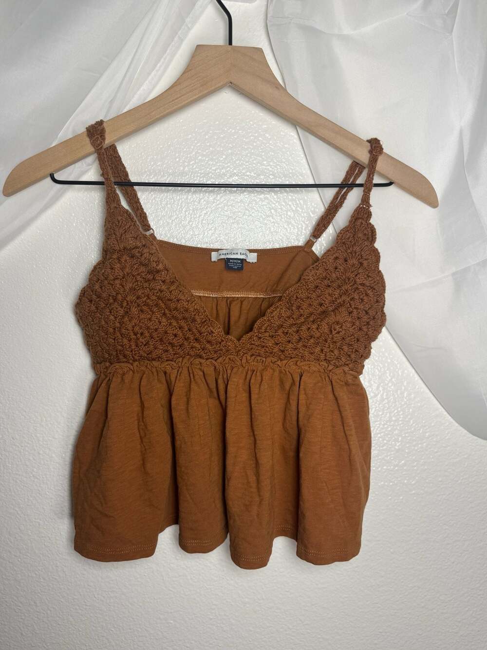 Modern American Eagle Crochet Detail Cropped Peplum Boho Cottage Tank Top
